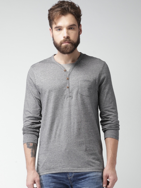 

Celio Men Navy Blue Grey Solid Henley Pure Cotton T-shirt