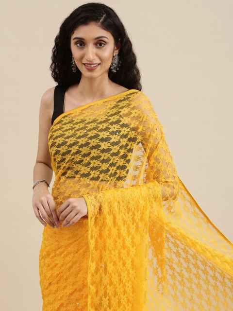 

Jashvi Creation Yellow Beads and Stones Net Saree