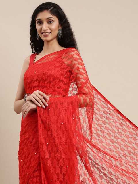 

Jashvi Creation Red Floral Beads and Stones Net Saree
