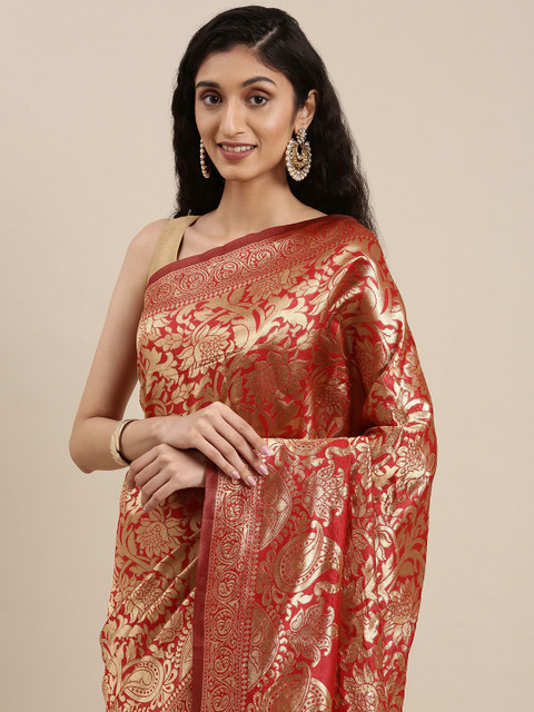 

Jashvi Creation Red & Gold-Toned Ethnic Motifs Zari Silk Blend Banarasi Saree
