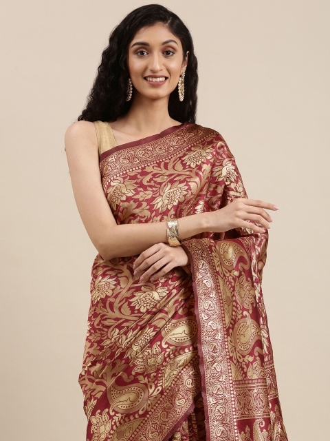 

Jashvi Creation Brown & Gold-Toned Woven Design Zari Silk Blend Banarasi Saree