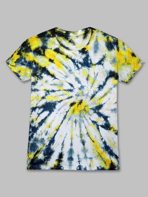 

BE AWARA Kids White & Teal Blue Spiral Tie & Dye Dyed Cotton T-shirt