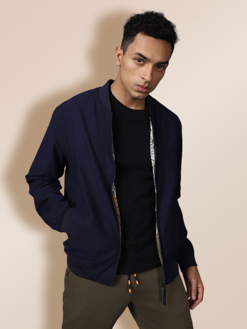 

KRA Men Navy Blue Beige Floral Reversible Bomber Jacket