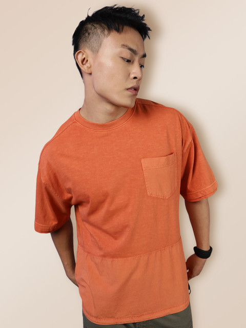 

KRA Men Orange Dyed Drop-Shoulder Sleeves Cotton T-shirt