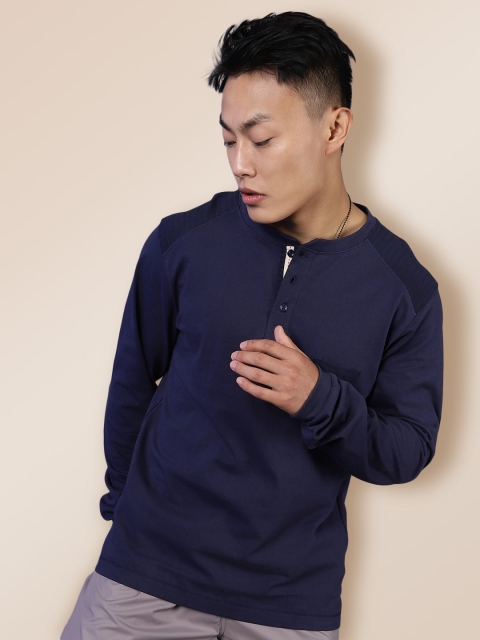 

KRA Men Navy Blue Henley Neck Cotton T-shirt