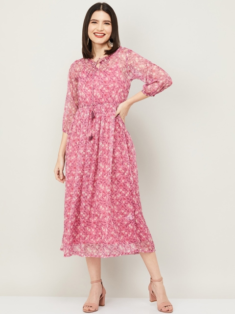 

Colour Me by Melange Pink Floral Tie-Up Neck Midi Dress