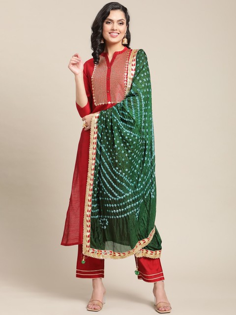 

Varanga Women Red Ethnic Motifs Embroidered Sequinned Kurti with Trousers & With Dupatta