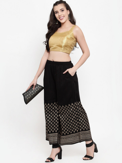 

Miaz Lifestyle Women Black & Gold-Toned Ethnic Motifs Knitted Palazzos