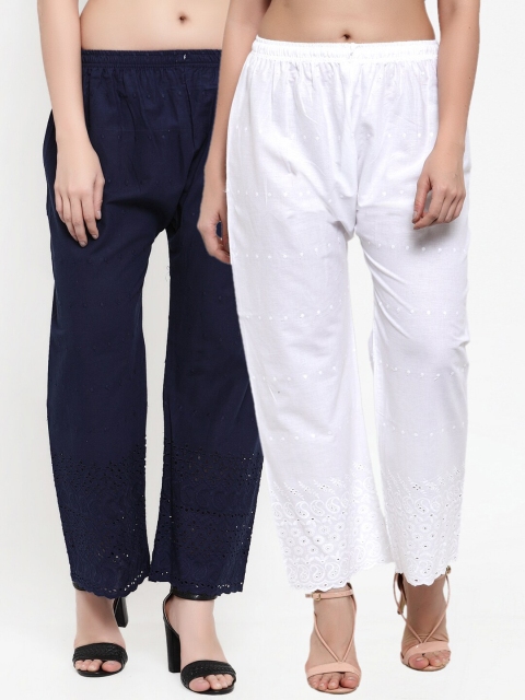 

Miaz Lifestyle Women Pack Of 2 Blue & White Ethnic Motifs Embroidered Knitted Palazzos