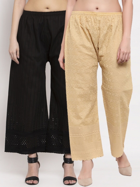 

Miaz Lifestyle Women Pack of 2 Ethnic Motifs Embroidered Knitted Palazzos, Beige