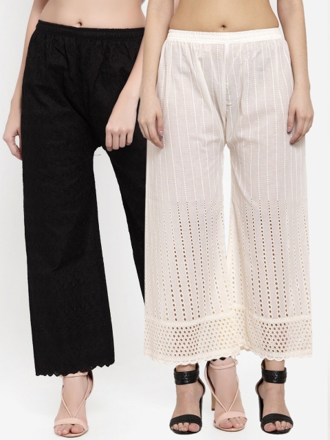 

Miaz Lifestyle Women Pack of 2 Ethnic Motifs Embroidered Knitted Palazzos, White