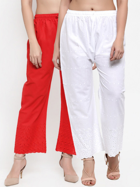 

Miaz Lifestyle Women Pack Of 2 Red & White Ethnic Motifs Embroidered Knitted Palazzos