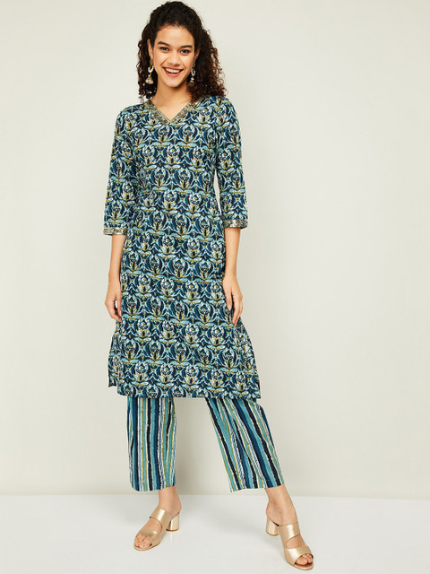 

Melange by Lifestyle Women Blue Printed Pleated Pure Cotton Kurta with Trousers