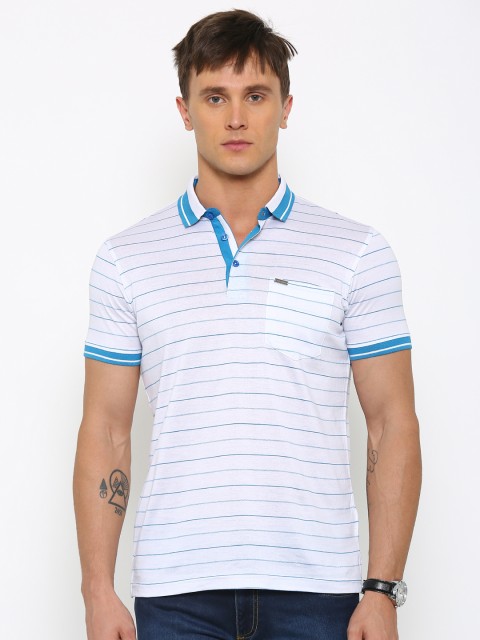 

Park Avenue Men White & Blue Striped Slim Polo Collar T-shirt