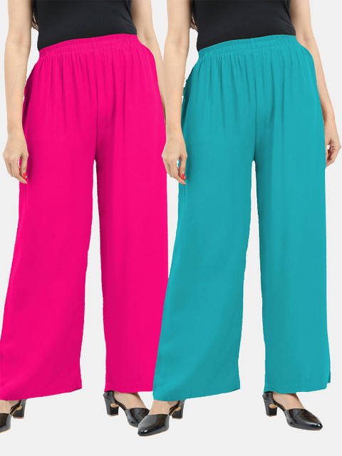 

SARINA Women Pack of 2 Flared Knitted Palazzos, Turquoise blue