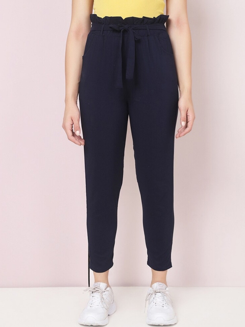 

BUY NEW TREND Women Navy Blue Comfort Slim Fit High-Rise Trousers