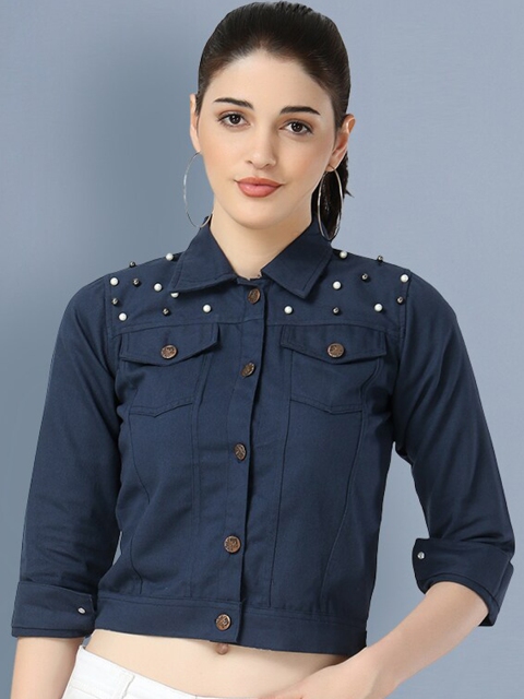 

BUY NEW TREND Women Navy Blue Lightweight Crop Denim Jacket with Embroidered