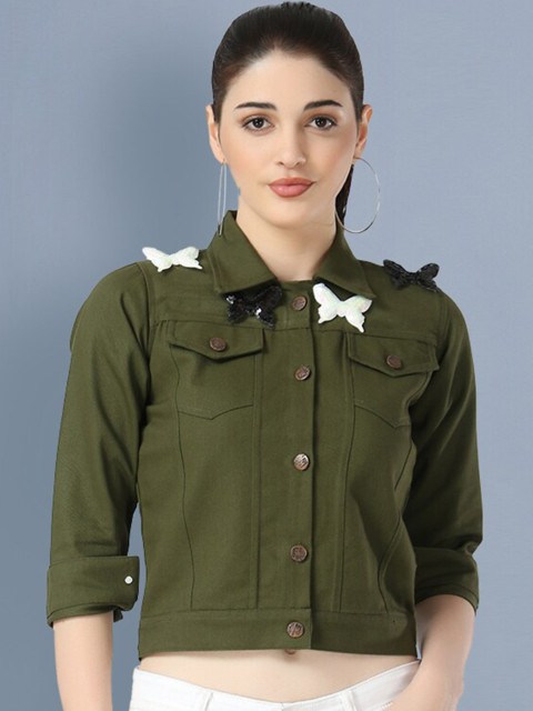 

BUY NEW TREND Women Olive Green Lightweight Crop Denim Jacket with Patchwork