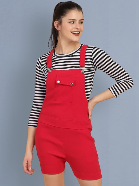 

BUY NEW TREND Women Red Short Dungaree with Striped Top