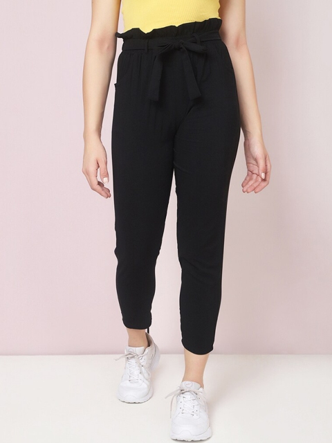 

BUY NEW TREND Women Black Comfort Slim Fit Pleated Cropped Peg Trousers