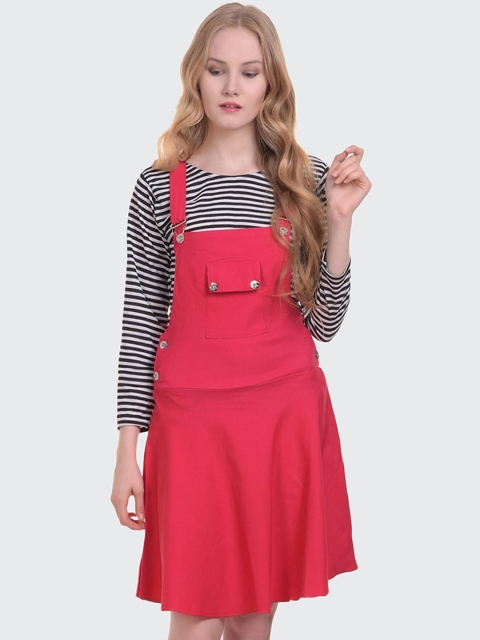 

BUY NEW TREND Pink Solid Dungaree Dress With Tshirt