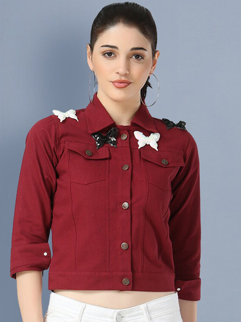 

BUY NEW TREND Women Maroon Lightweight Crop Denim Jacket