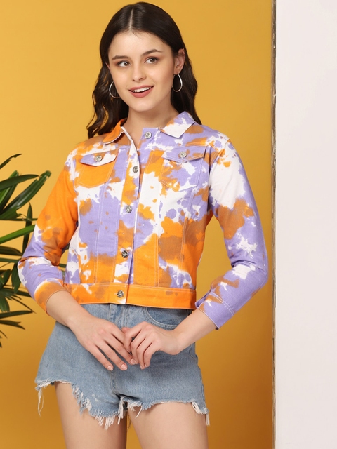 

BUY NEW TREND Women Purple & Orange Printed Lightweight Denim Jacket