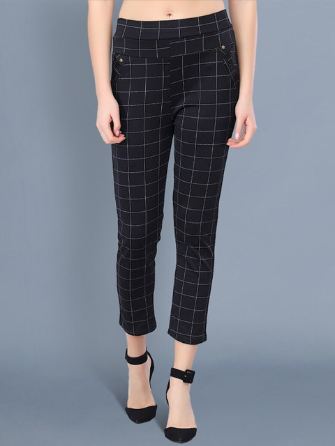 

BUY NEW TREND Women Black Checked Comfort Slim Fit Trousers