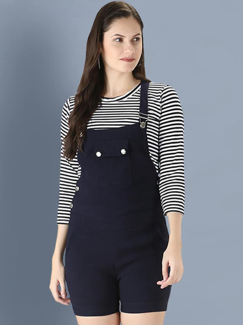 

BUY NEW TREND Women Navy Blue Solid Cotton Dungaree with T-Shirt