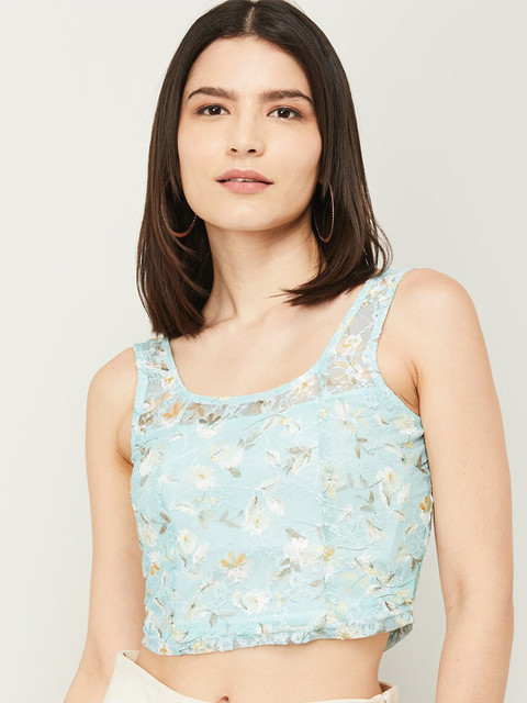 

Ginger by Lifestyle Turquoise Blue & White Floral Print Crop Top