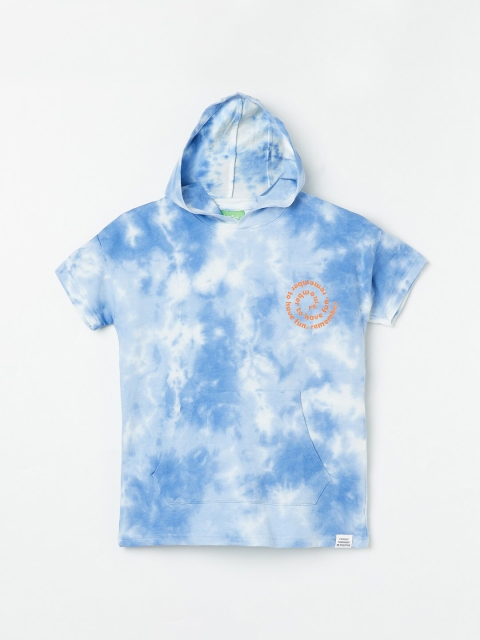 

Bossini Boys White & Blue Tie and Dye Dyed Pure Cotton T-shirt