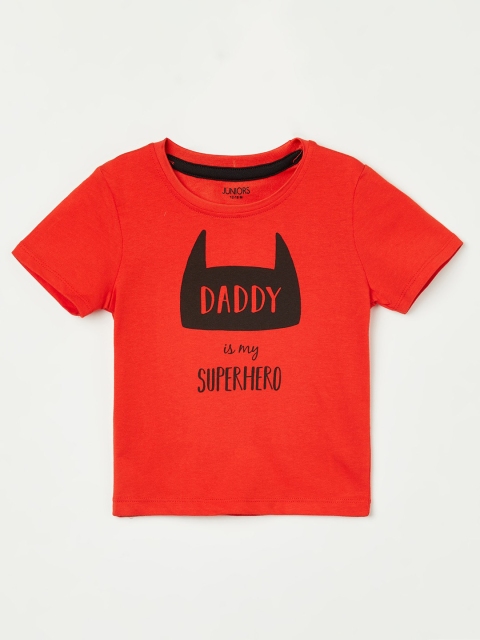 

Juniors Boys Red Typography Printed Round Neck Pure Cotton Applique T-shirt