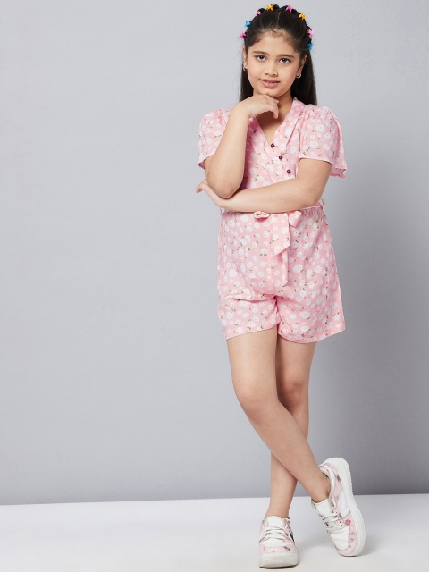 

Stylo Bug Girls Peach-Coloured & White Cotton Printed Playsuit