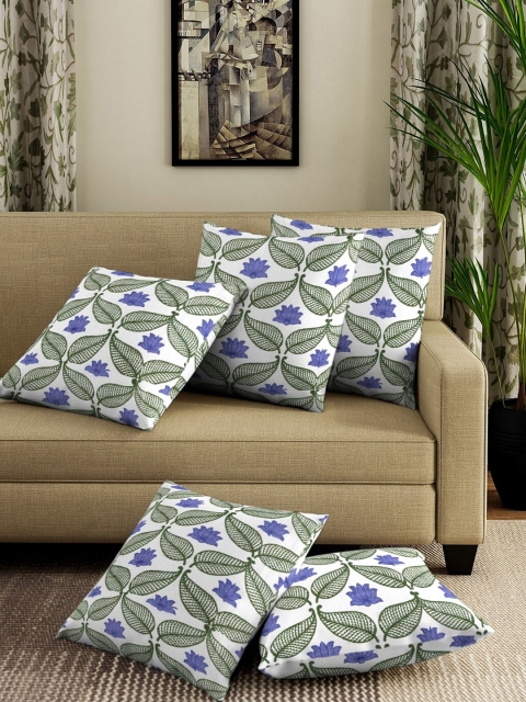 

Dhrohar Blue & White Set of 5 Floral Square Cotton Cushion Covers