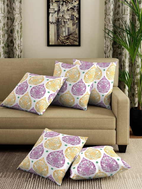 

Dhrohar Set of 5 Purple & White Ethnic Motifs Cotton Square Cushion Covers