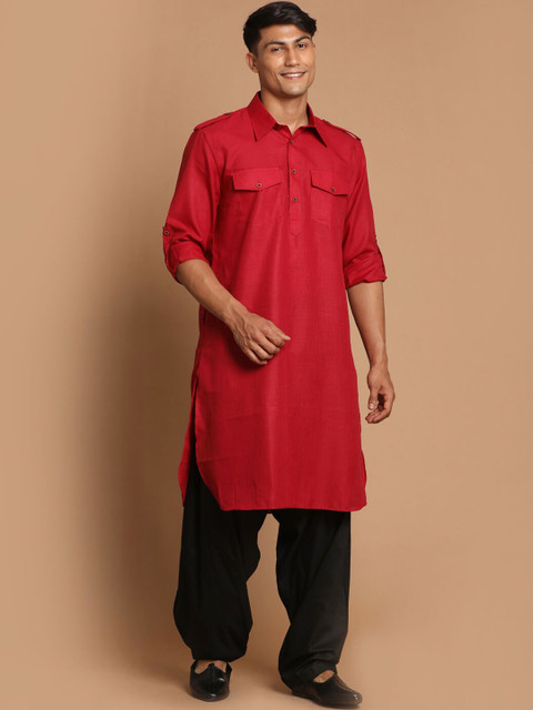 

VASTRAMAY Men Red & Black Pathani Kurta with Salwar Set