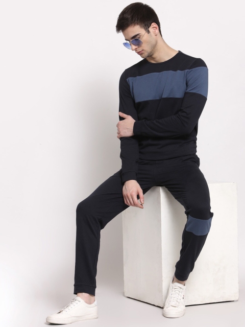 

YOONOY Men Navy Blue Colourblocked Sweatshirt