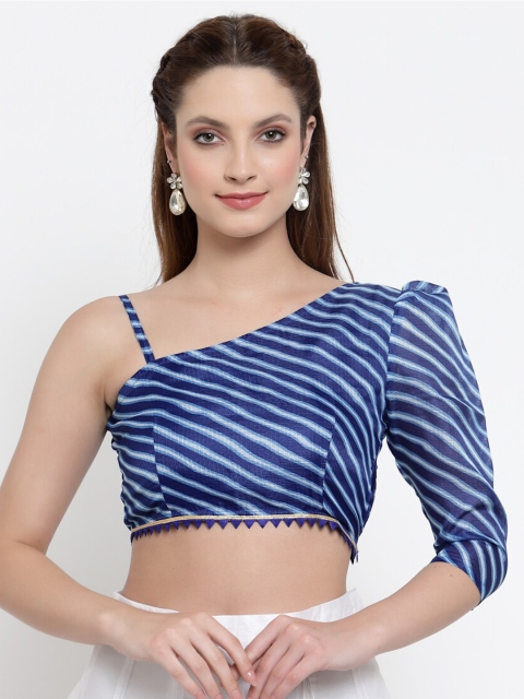 

NEUDIS Women Blue Striped One Shoulder Cotton Crop Top