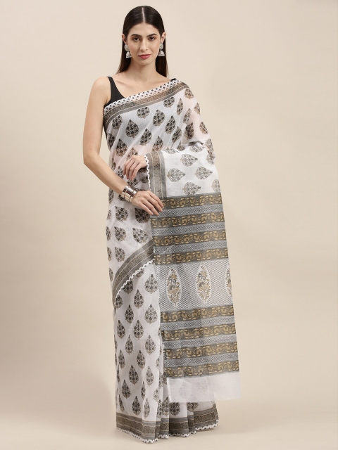 

KALINI White & Grey Floral Mangalagiri Saree