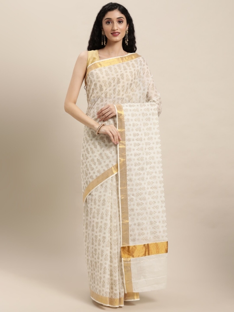 

KALINI White & Golden Ethnic Motifs Pure Cotton Kasavu Saree