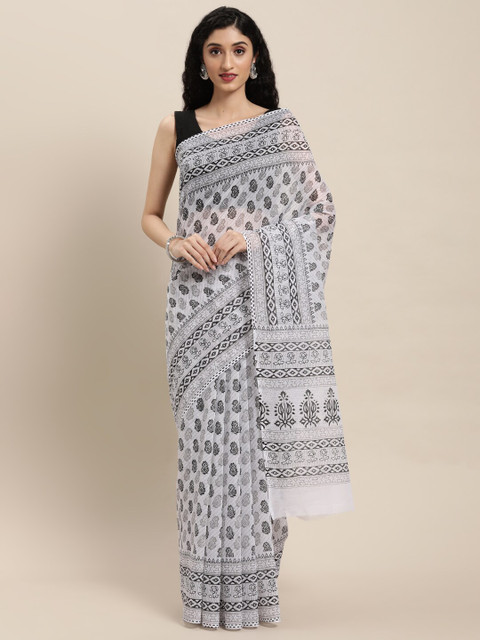 

KALINI White & Black Ethnic Motifs Mangalagiri Saree
