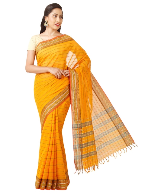 

KALINI Yellow & Red Striped Zari Pure Cotton Venkatgiri Saree