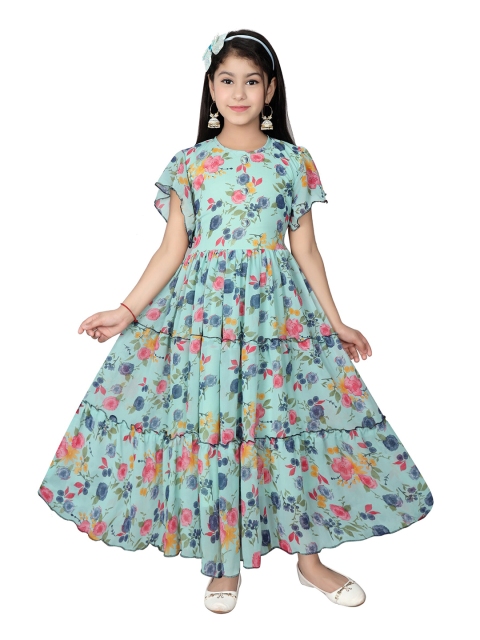 

SKY HEIGHTS Girls Green Floral Georgette Maxi Dress