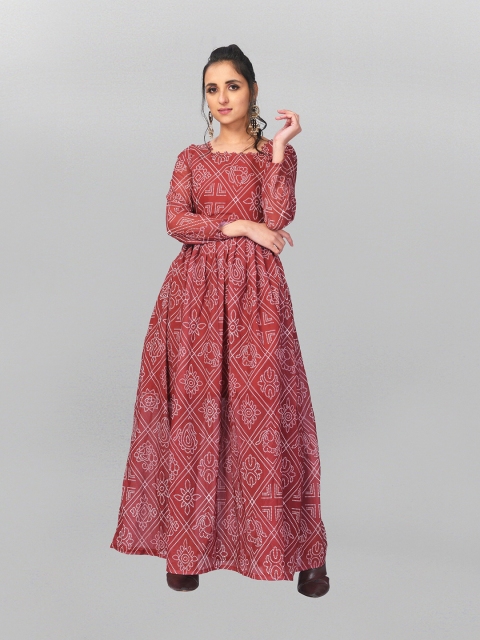 

Fashion FRICKS Maroon & White Ethnic Motifs Ethnic Cotton Maxi Dress