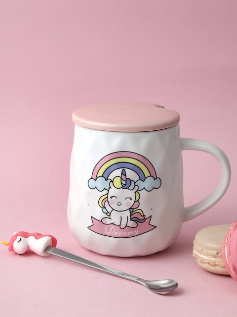 

A Vintage Affair- Home Decor White & Pink Printed Ceramic Glossy Cup With Lid