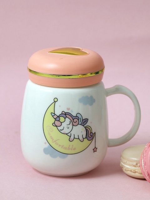 

A Vintage Affair- Home Decor White & Pink Printed Ceramic Unicorn Mason Jar
