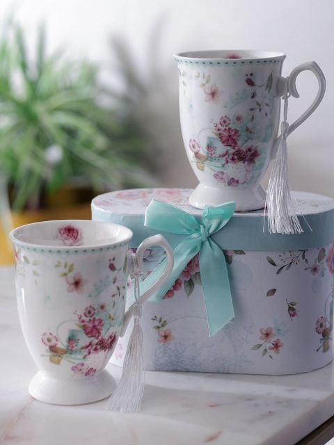 

A Vintage Affair- Home Decor White Printed Ceramic Glossy Cups Set of Cups and Mugs