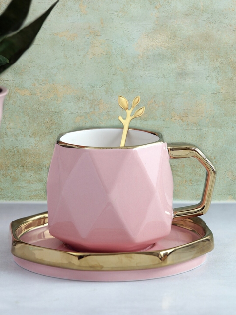 

A Vintage Affair- Home Decor Pink Geometric Solid Ceramic Glossy Cup & Saucer Set