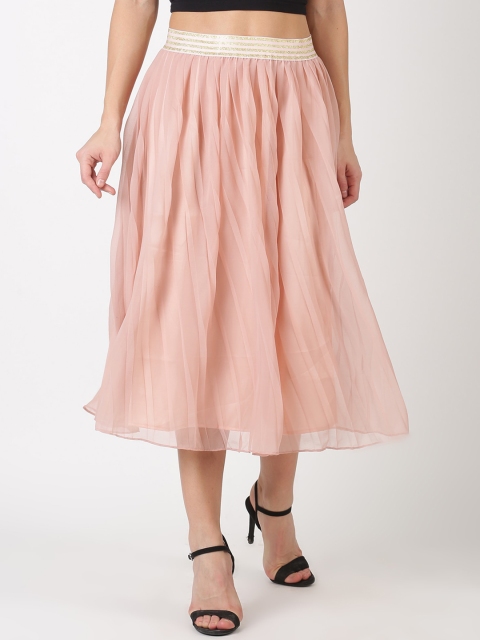 

kriatma Women Peach-Colored Solid Accordion-Pleated A-Line Midi Skirt