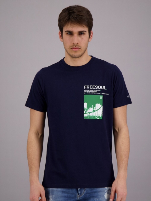 

FREESOUL Men Blue Printed Cotton T-shirt